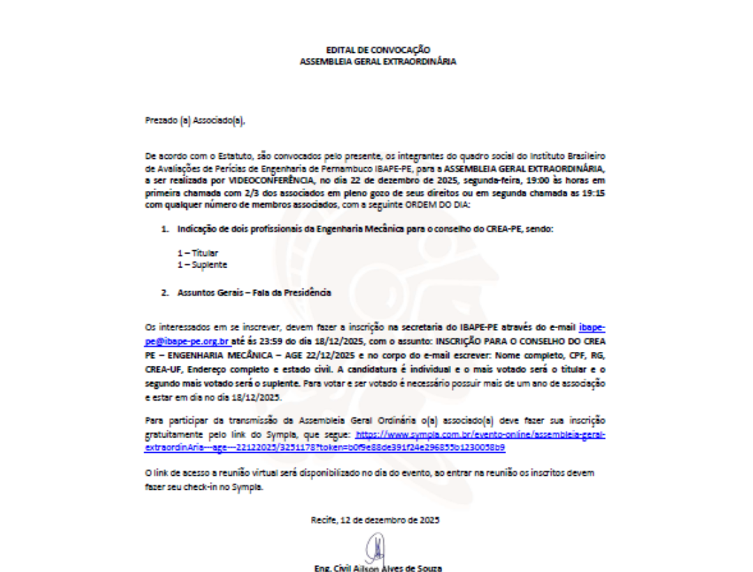 EDITAL DE CONVOCAÇÃO ASSEMBLEIA GERAL EXTRAORDINÁRIA (AGE) 22/12/2025