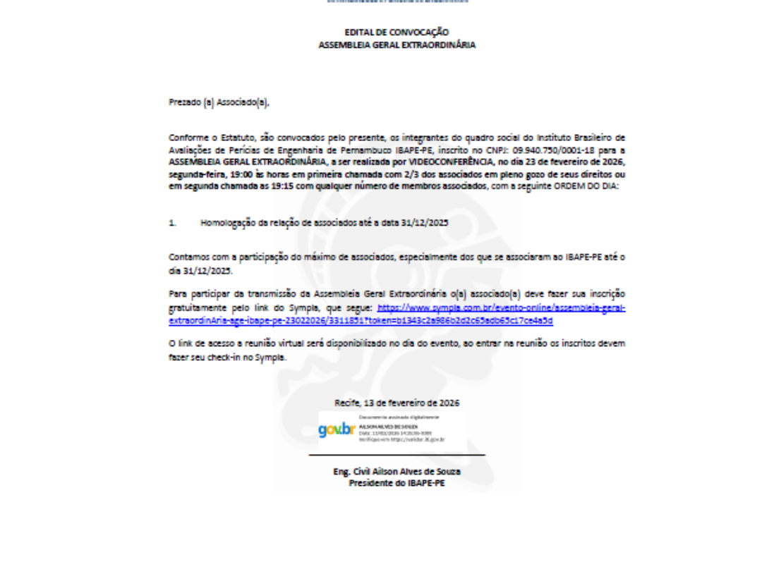 EDITAL DE CONVOCAÇÃO ASSEMBLEIA GERAL EXTRAORDINÁRIA (AGE) 23/02/2026